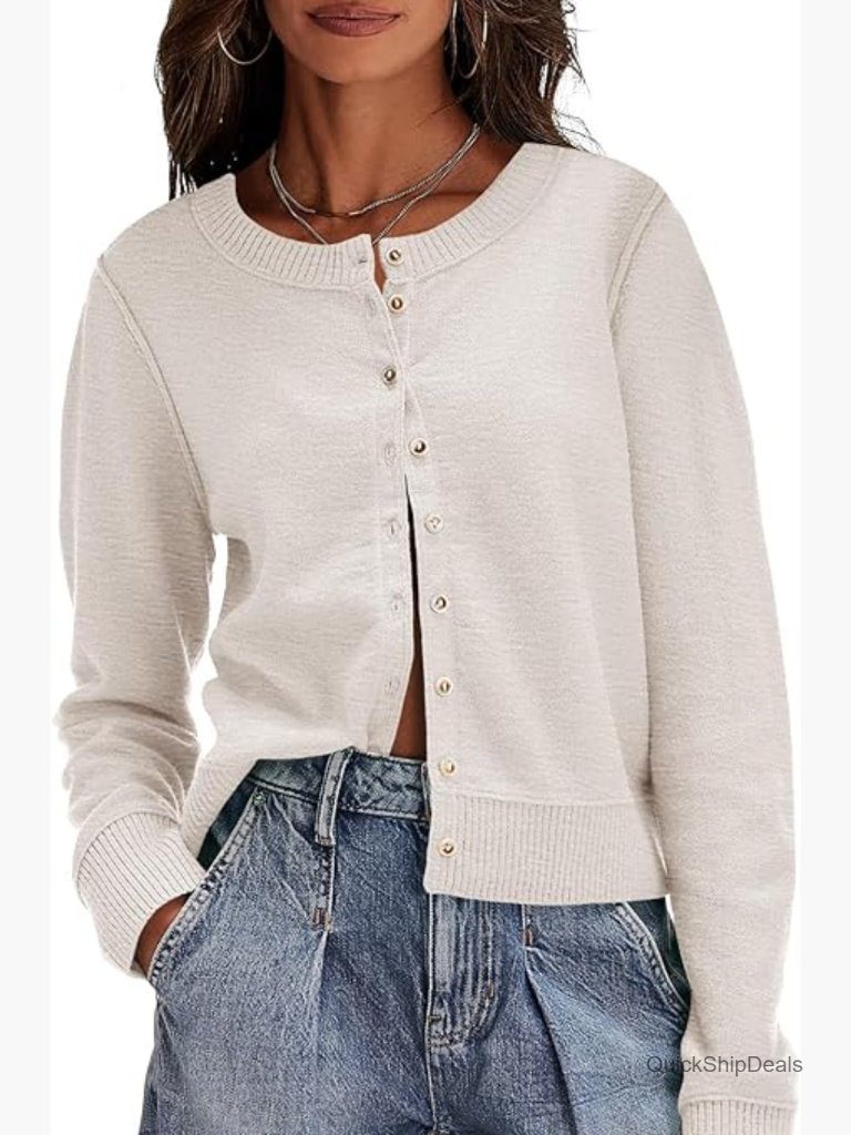 Lightweight Button Down Cardigan Sweater Long Sleeve Crew Neck Open Front Knit